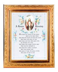  HOUSE BLESSING IN A FINE DETAILED SCROLL CARVINGS ANTIQUE GOLD FRAME 